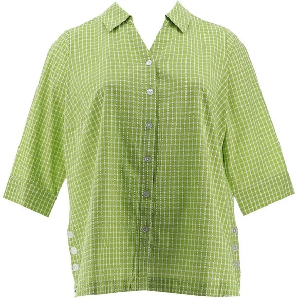 NWT JOAN RIVERS TEXTURED BUTTON FRONT SHIRT W/SIDE BUTTONS LIME GREEN XXS - Picture 1 of 11
